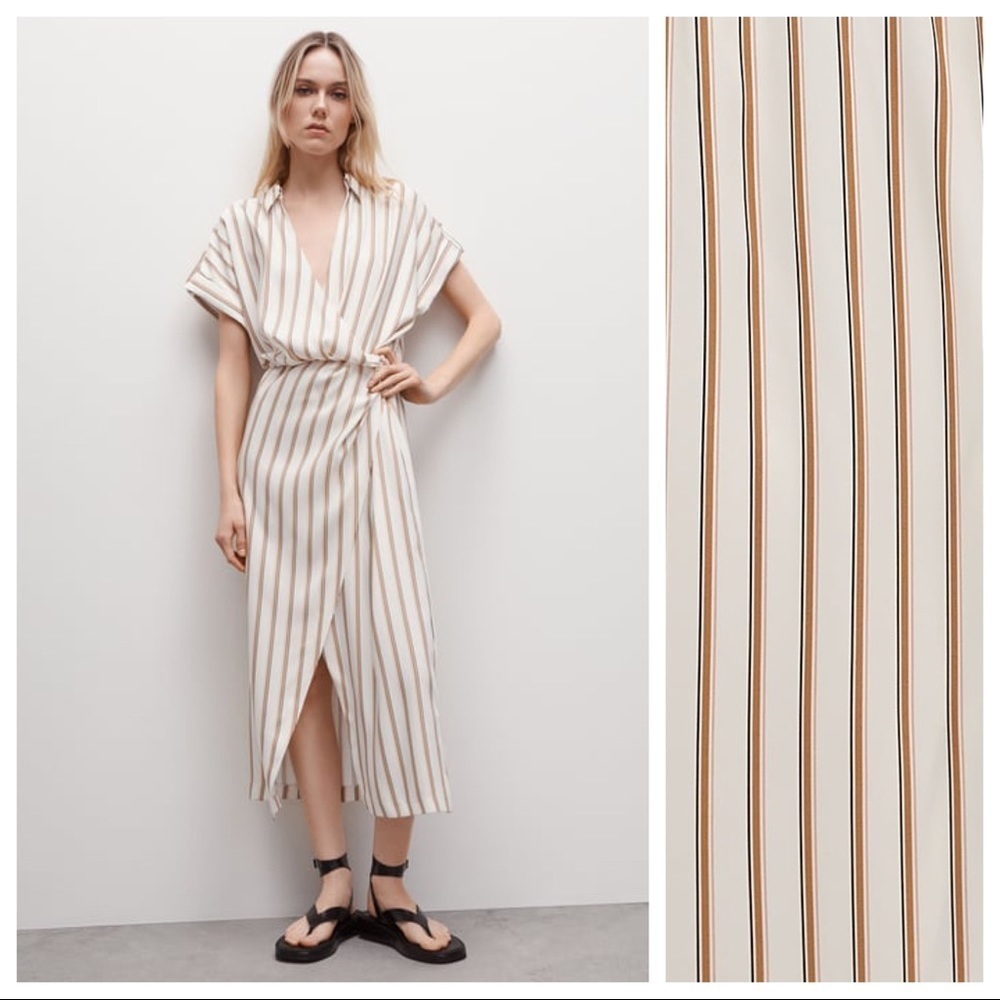 NWT. Zara Ecru Striped Draped Midi Dress. Size M.